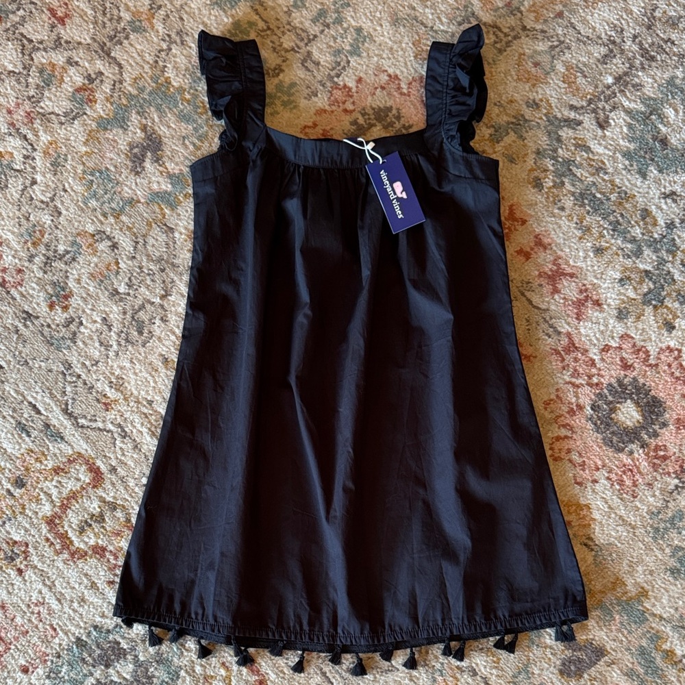 Vineyard Vines Black Cotton Dress XS NWT Ruffle Strap‎ Tassel Hem